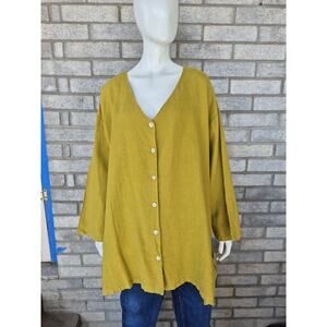 Bryn Walker 100% Linen Yellow Asymmetrical Hem Button Front Tunic XL Lagenlook